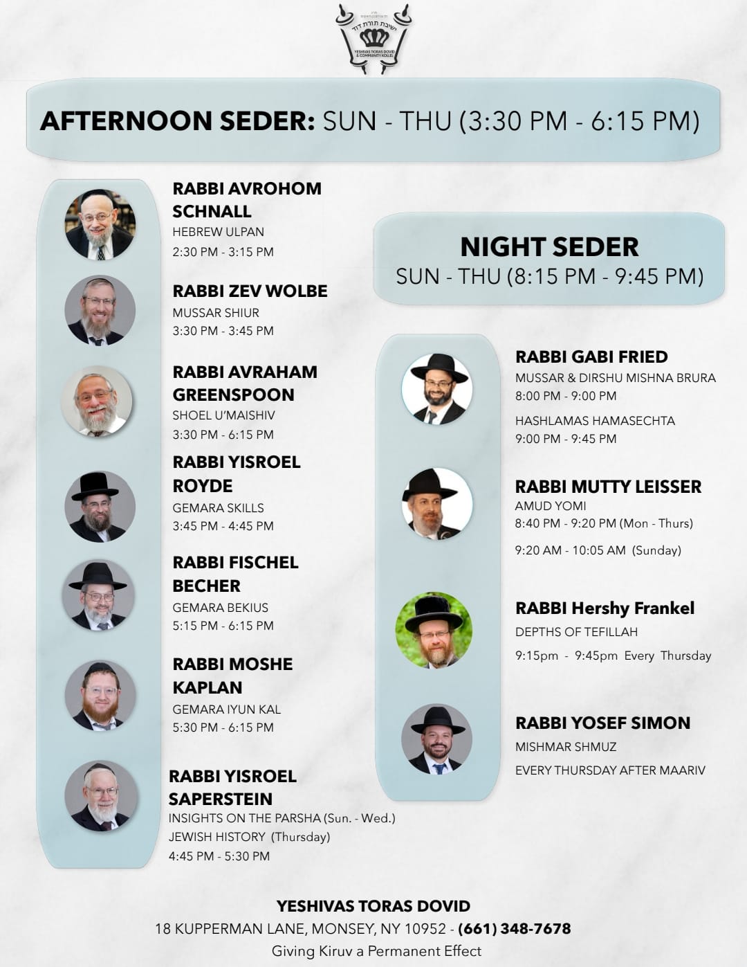 Afternoon seder and night seder schedule flyer